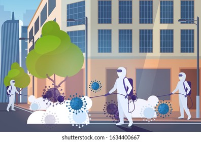 scientists in hazmat suits cleaning disinfecting coronavirus cells epidemic MERS-CoV virus wuhan 2019-nCoV pandemic health risk modern city street cityscape background horizontal vector illustration
