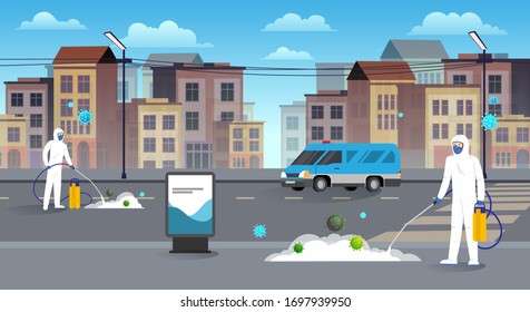 Scientists in hazmat suits cleaning and disinfecting streets of the city. Epidemic coronavirus covid-19 concept. Flat style city landscape.