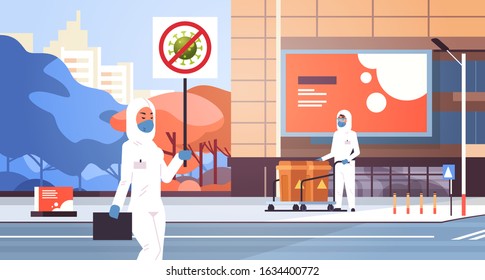 scientists in hazmat suits holding stop coronavirus banner disinfecting epidemic MERS-CoV virus empty city street wuhan 2019-nCoV pandemic health risk cityscape background full length vector