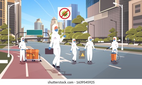 scientists in hazmat suits holding stop coronavirus banner people cleaning disinfecting epidemic MERS-CoV virus empty city street wuhan 2019-nCoV pandemic health risk full length horizontal vector
