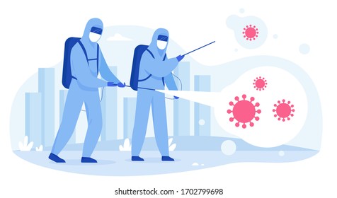 Scientists in hazmat suits sanitizing, cleaning and disinfecting city streets from Covid-19 corona virus. Epidemic coronavirus pandemia concept flat vector illustration.