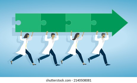 Scientists, health care workers running with solution for success. Vector illustration. Dimension 16:9.