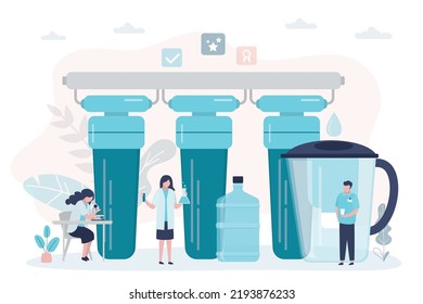 Scientists Improve Water Purification Systems. Specialists Conduct Experiments With Filters In Lab. People Explore Water After Filtration. Jug For Cleaning Liquid For Drinking. Vector Illustration