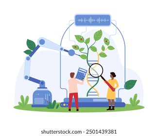 Scientists integrating robotics with DNA research. Robotic arms interact with a DNA helix, researchers use calculators and magnifying glasses vector illustration.