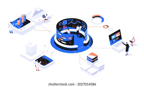 Scientists interacting with dashboards and analyzing information. Data visualization concept. 3d isometric vector illustration.