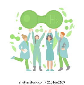 Scientists inventing green hydrogen fuel. Save our planet vertical poster. New energy for the Earth and nature. Editable vector illustration in a flat style isolated on a white background