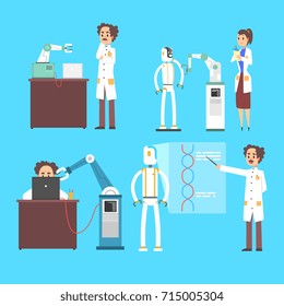 Scientists invention in robotic cybernetic engineering industry set, artificial intelligence concept vector Illustrations