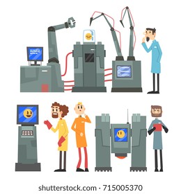 Scientists invention in robotic cybernetic engineering industry set, artificial intelligence elements vector Illustrations