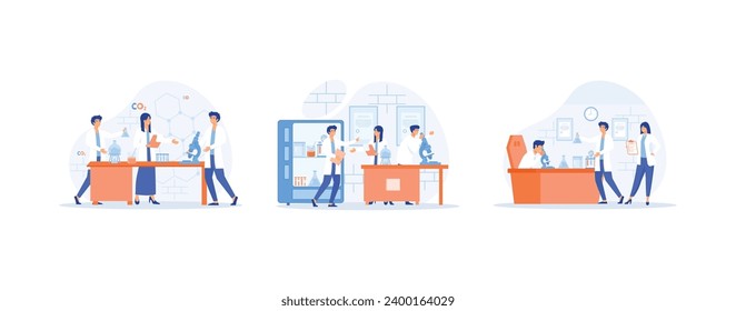 Scientists in lab, Chemistry clinic laboratories, microbiology pharmaceutical research, equipment and lab glassware. Laboratory set flat vector modern illustration