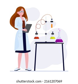 Scientists in lab. Chemists presenting molecule structure. Science, laboratory, research concept for banner, website design or landing web page