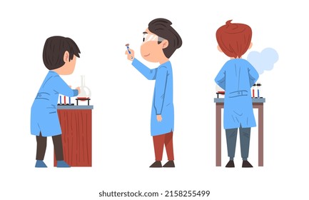 Scientists in lab coats doing scientific research in laboratory cartoon vector illustration