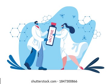 Scientists in lab coats and masks with an ampoule in her hands. Concept of a vector illustration on the topic of vaccine development.