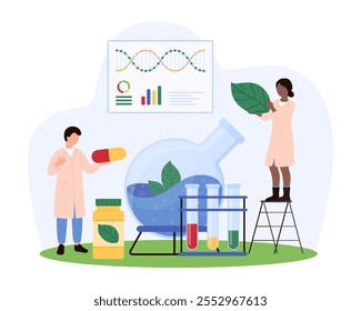 Scientists in lab coats work with giant leaves and capsules, conducting naturopathy research. Scene includes large test tubes, a beaker, and a DNA chart on the wall vector illustration