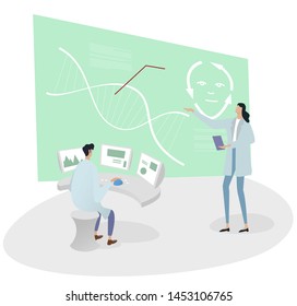 Scientists in the lab with a computer and a big touch screen. Modern medical technologies. Vector illustration.