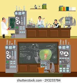 Scientists in lab concept with males and females making research. Robot conducts lecture. Vector illustration in a flat style.