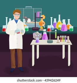 Scientists lab concept with man making research vector illustration