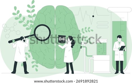 Scientists in a lab examine a large brain model, using a magnifying glass and viewing brain scans. Scalable vector format suitable for print and dig...
