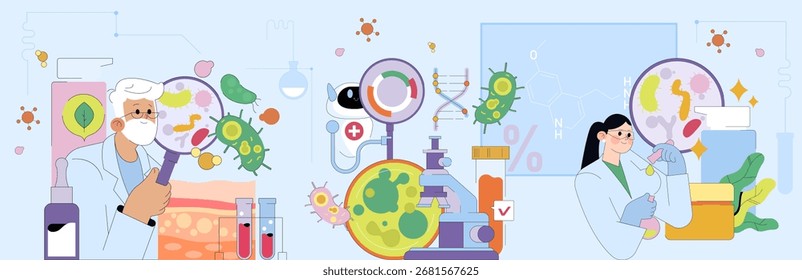 Cientistas em um laboratório examinam micro-organismos e bactérias usando lupas e equipamentos de laboratório. A ilustração vetorial destaca a exploração científica em microbiologia e pesquisa.