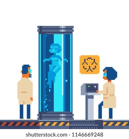 Scientists in lab are experimenting. Genetic engineering cloning, fantasy sci-fi experiments. Scientific equipment for laboratory. Chemistry, biotechnology and research. Pixel art vector illustration.