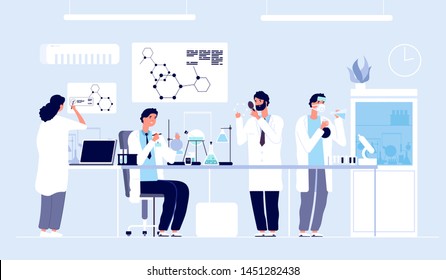 Scientists in lab. People in white coat, chemical researchers with laboratory equipment. Drug development cartoon vector concept. Illustration of scientist in laboratory, science experiment in lab - Shutterstock ID 1451282438