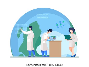 Scientists in lab. People in white coat, environmental investigators or chemical researchers with laptop analyze indicators. Illustration of science experiment in lab with half globe explore ecology