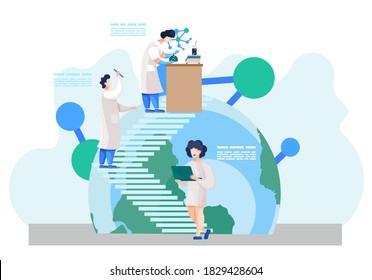 Científicos en el laboratorio. Las personas con abrigo blanco trabajan con un matraz de vidrio y un tubo de ensayo, investigadores químicos con equipo de laboratorio. Ilustración del experimento científico en laboratorio con globo verde y amarillo