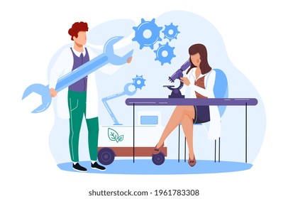 Científicos en el laboratorio. Personas con abrigo blanco realizan experimentos científicos. Investigadores químicos con equipo de laboratorio. Concepto de metáfora abstracta plana de ilustración vectorial. Aislado sobre fondo blanco.
