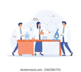 Scientists in lab. People in white coat, chemical researchers with laboratory equipment. Drug development, flat vector modern illustration