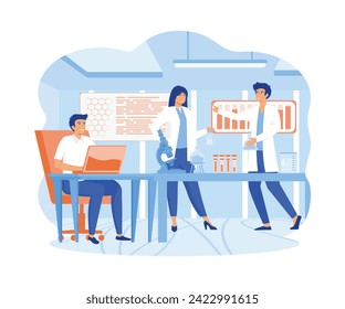Scientists in lab. People in white coat, chemical researchers with laboratory equipment. flat vector modern illustration 