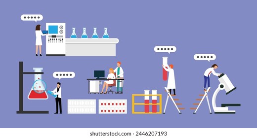 Scientists in lab. People in white coat, chemical researchers with laboratory equipment 2d flat vector illustration