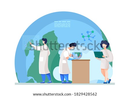 Scientists in lab. People in white coat, environmental investigators or chemical researchers with laptop analyze indicators. Illustration of science experiment in lab with half globe explore ecology