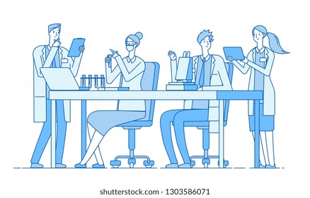 Scientists in lab. Research team chemist doctors analysis microscope in laboratory. Medical education bioengineering vector concept