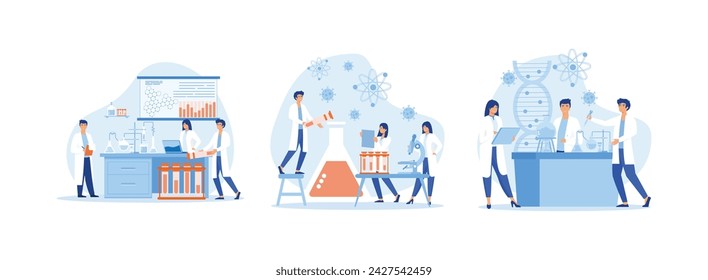 Wissenschaftler im Labor, Wissenschaftler Menschen tragen Labormäntel, wissenschaftliche Forschung und chemische Laborexperimente, Laborset flache Vektor moderne Illustration