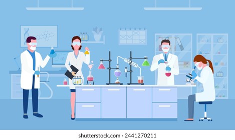 Scientists in lab. Scientist people wearing lab coats, science researches and chemical laboratory experiments. Chemistry laboratories, microbiology research. Vector illustration in flat style.