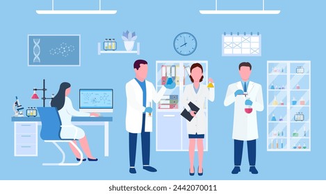 Scientists in lab. Scientist people wearing lab coats, science researches and chemical laboratory experiments. Chemistry laboratories, microbiology research. Vector illustration in flat style.