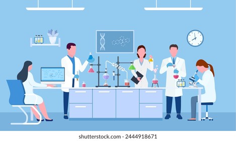 Scientists in lab. Scientist people wearing lab coats, science researches and chemical laboratory experiments. Chemistry laboratories, microbiology research. Vector illustration in flat style.