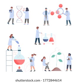 Scientists in Lab, Team of People in White Coat Doing Professional Science and Medical Researchers Flat Style Vector Illustration