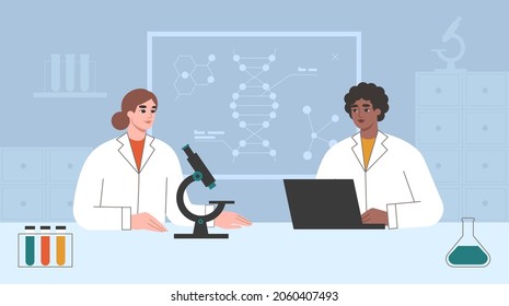 Scientists in a lab. Woman in science concept. Researchers or doctors in uniforms working with equipment in a scientific laboratory. Research, innovation, genetics concept. Flat vector illustration