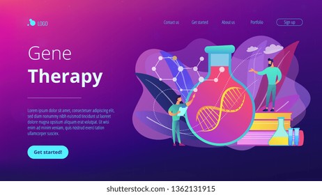 Scientists In Lab Working With Huge DNA Chain In The Glass Bulb. Gene Therapy, Gene Transfer And Functioning Gene Concept On White Background. Website Vibrant Violet Landing Web Page Template.