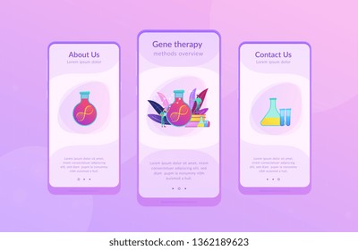 Scientists in lab working with huge DNA chain in the glass bulb. Gene therapy, gene transfer and functioning gene concept on white background. Mobile UI UX GUI template, app interface wireframe
