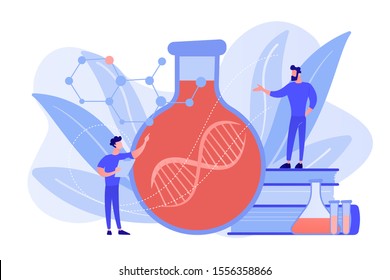 Scientists In Lab Working With Huge DNA Chain In The Glass Bulb. Gene Therapy, Gene Transfer And Functioning Gene Concept On White Background. Pinkish Coral Bluevector Isolated Illustration