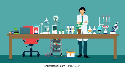 Scientists in laboratories with equipment for science experiments.
