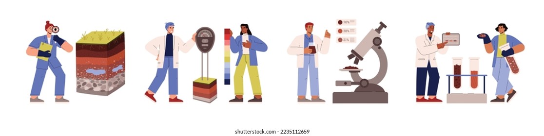 Scientists in laboratory analyzing soil composition and pollution, flat vector illustration isolated on white. People testing earth samples in flasks and with microscope. Concept of geology.