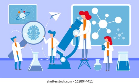 Scientists in laboratory antivirus vaccine search vector illustration. Science teamwork of tiny people group. Magnifying glass, flasks and beakers, molecules and atoms.Virus coronavirus vaccine search