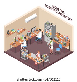 Scientists laboratory composition with isometric research facility interior workers in operating gowns equipment and workplace furniture vector illustration 