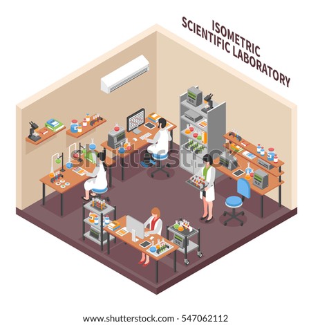 Scientists laboratory composition with isometric research facility interior workers in operating gowns equipment and workplace furniture vector illustration 