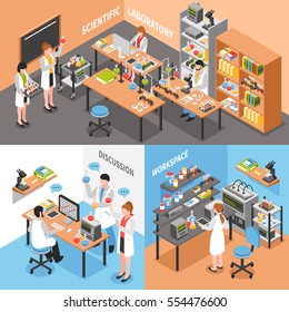 Scientists laboratory concept with three isometric compositions of lab environment workplaces employee characters discussion and collaboration vector illustration