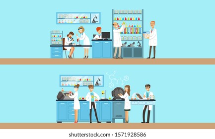 Scientists in the laboratory are conducting an experiment. Vector illustration on a blue background.