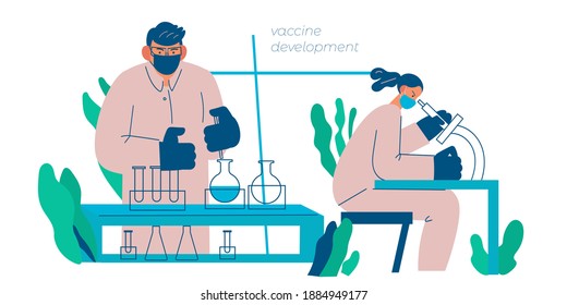 Wissenschaftler im Labor entwickeln einen Impfstoff. Coronavirus-Impfstoff. Flache Vektorgrafik für Designer-Vorlagen.