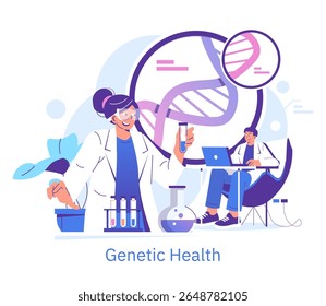 Scientists in a laboratory discuss genetic health research. A vector illustration shows DNA analysis with test tubes, a microscope, and a laptop in a lab environment.